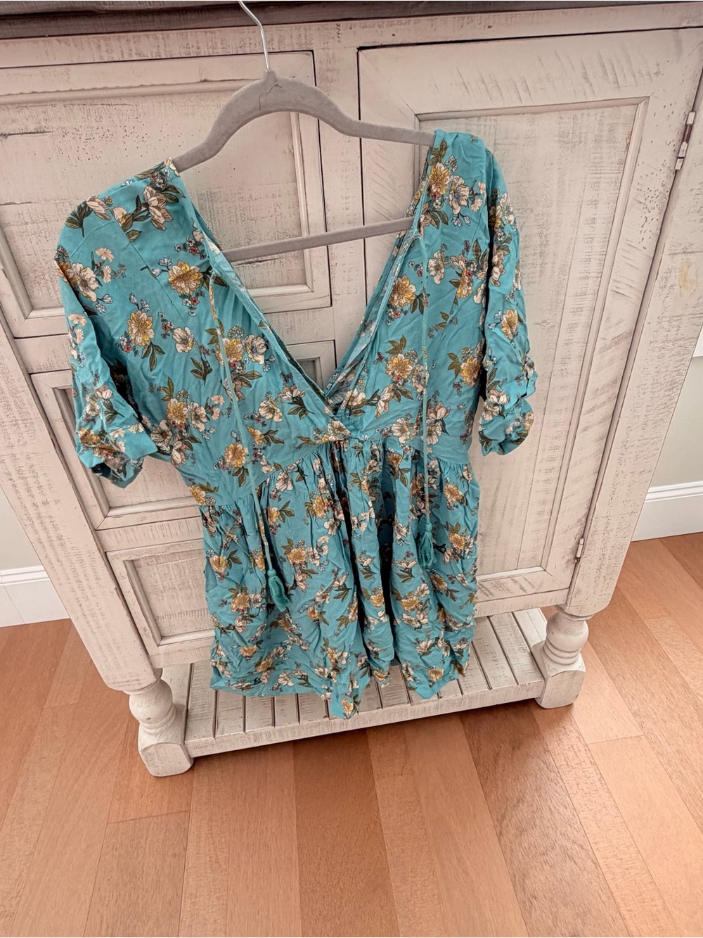 Floral V-Neck Puff Sleeve Women's dress in Teal